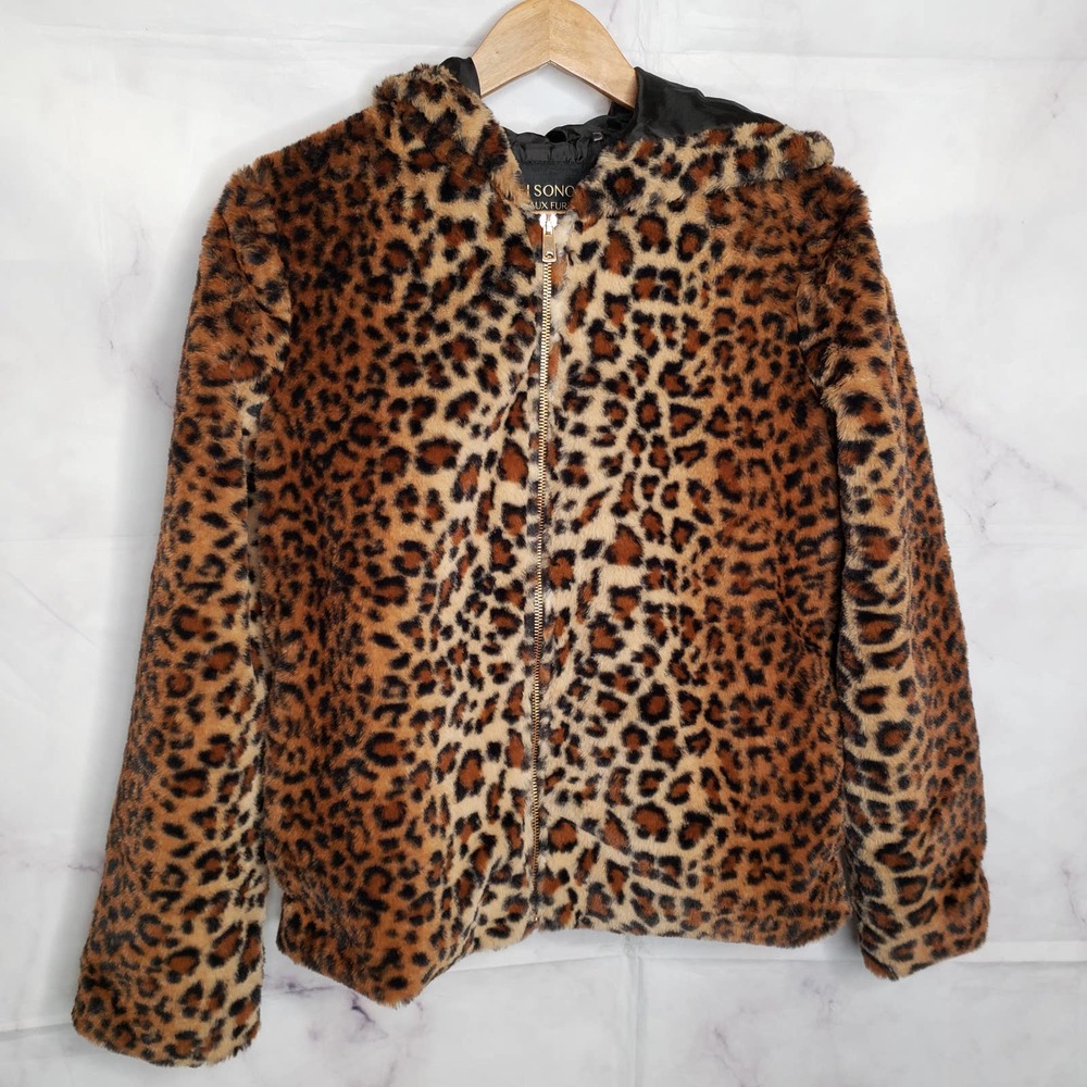 CI SONO Leopard Faux Fur Collection Zipper Up Hooded Jacket S